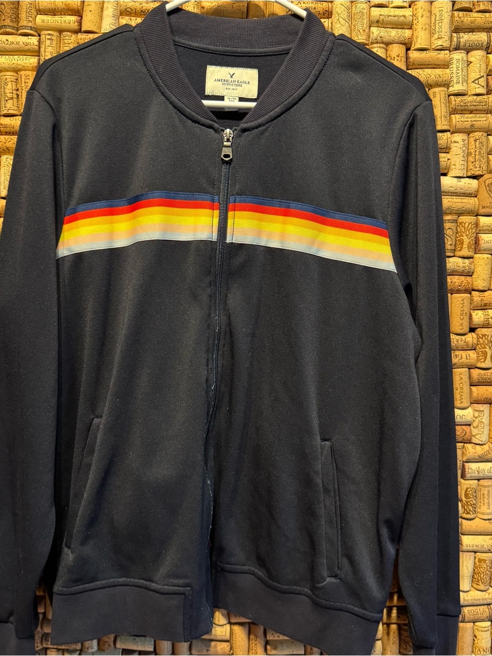 American Eagle Outfitters Black Zip-Up Sweater with Rainbow Chest Stripe